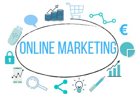 Online Marketing Image, blau, Grafiken um das Word